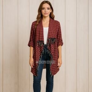 Entro Plaid Open Front Duster Cardigan Tassel Cotton Lightweight Layer Size M